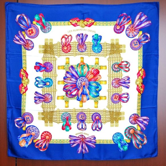 Authentic HERMES Carre 90 Scarf "LES RUBANS DU CHEVAL" Silk Blue - Picture 1 of 13